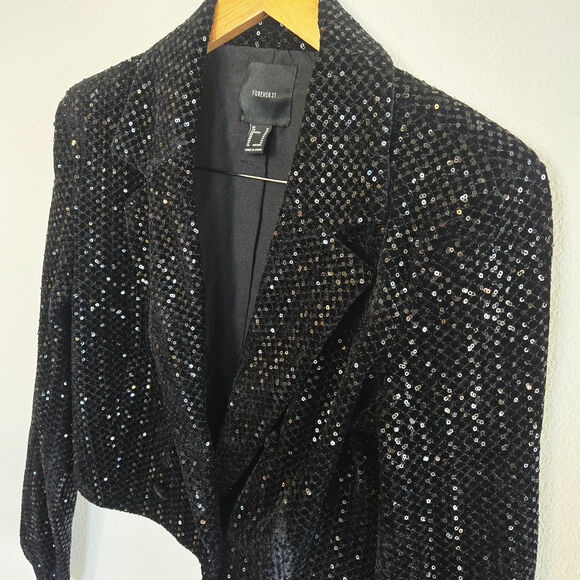 VELVET SEQUIN TUXEDO JACKET SINGLE BUTTON SPARKLE JAZZ SHOULDER PADS - Picture 2 of 4